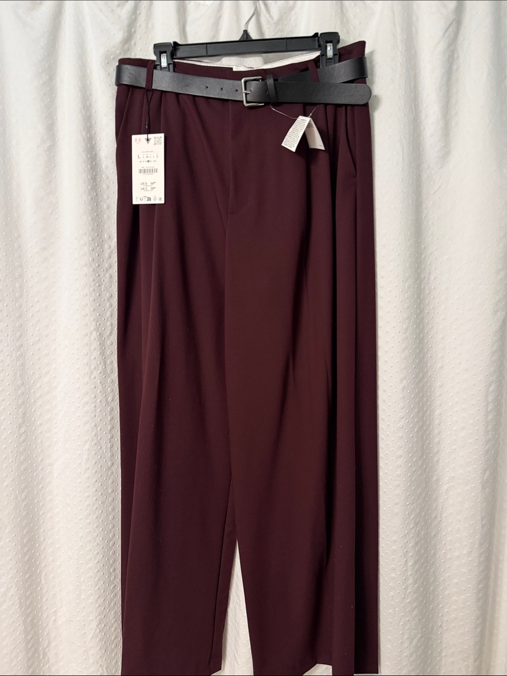 Zara Wide-Leg Pants in Deep Wine Burgundy with Black Belt Size Large